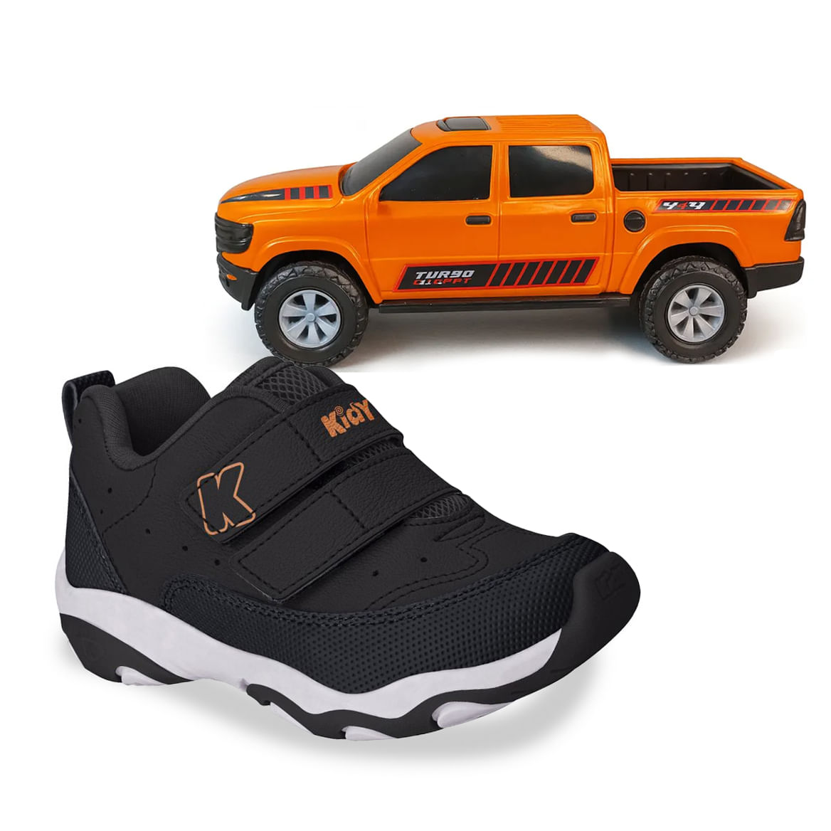 Tênis infantil preto com detalhes em branco e laranja, fechamento em velcro e solado em borracha, acompanhado de miniatura de caminhonete Turbo